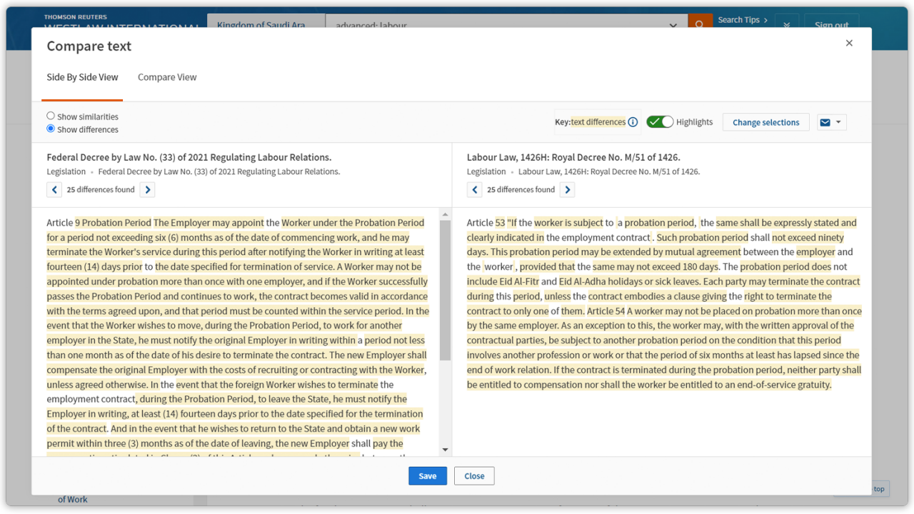 Compare texts - Side-by-side comparison and track legal evolution