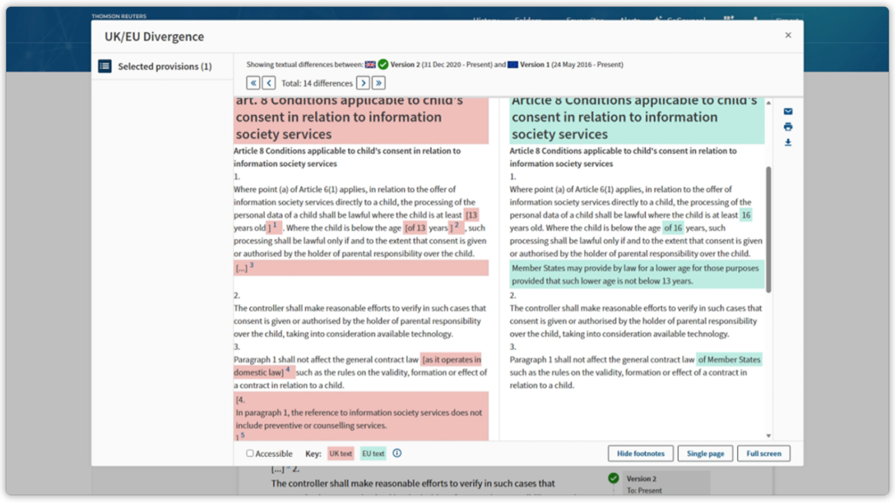 Screenshot of Westlaw Advantage UK's UK/EU Divergence Tracker